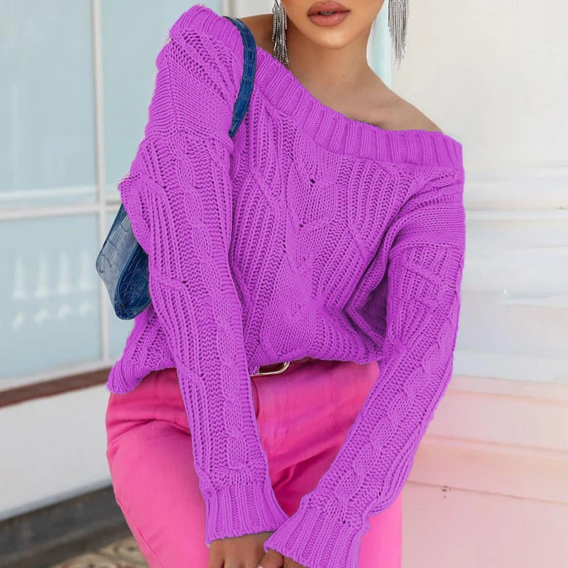 

Sexy Slash Neck Twist Loose Long Sleeve Sweater Ladies Casual Commute Street New Sweaters Women Elegant Solid Basic Pullover Top