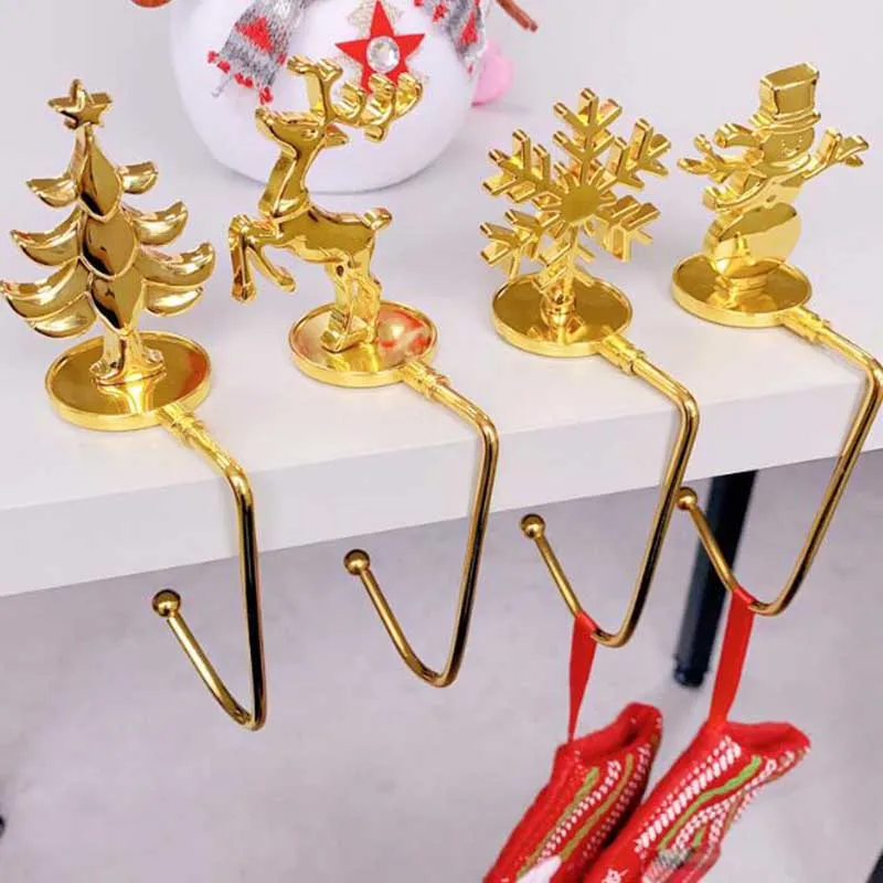 

4Pcs/set Metal Stocking Hangers Christmas Stocking Holder Hooks with Christmas Tree, Deer, Snowman and Snowflake