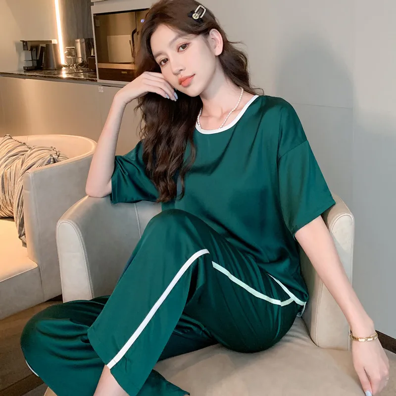2023 New Spring, Summer and Autumn Silk Short Sleeve round Neck Pajamas Women's Suit Loose Large Size Ice Silk Leisure Homewear