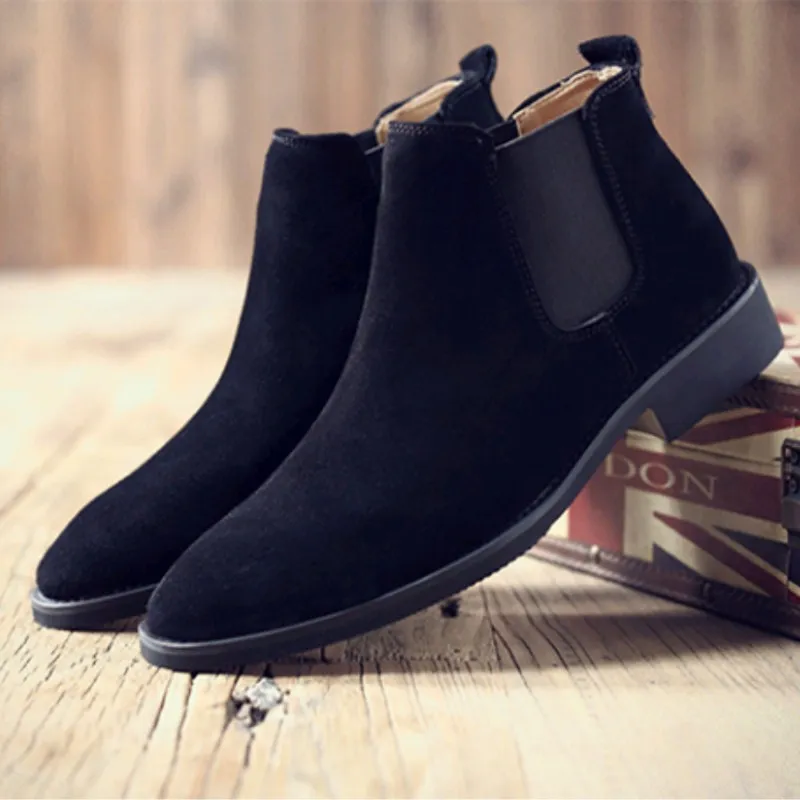 

England style mens leisure natural leather boots black brown flats shoes pointed toe cowboy chelsea boot short botas chaussure