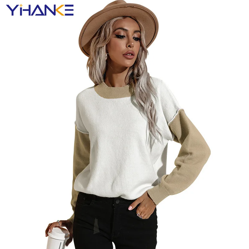 

Women's Clothes O-neck Long Sleeve Spliced Pullover Sweater Female Fashion Elegant Streetwear Knitted Sweater Turtleneck жилет
