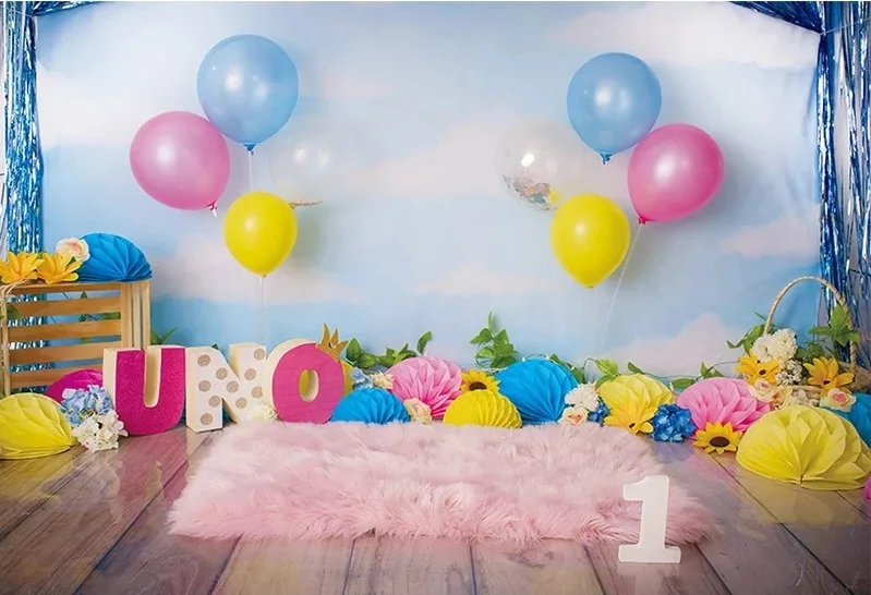 Голубое небо фон для фотосъемки розовый ребенок 1-й День рождения украшение