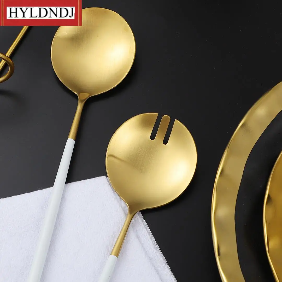 

2Pcs Kitchen Utensils White Gold Cutlery Salad Distributing Dishes Fork Spoon Tableware Dinnerware Service Salad Service