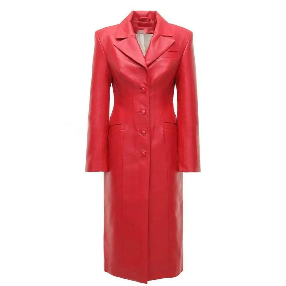Женское длинное пальто из натуральной кожи, Красное длинное пальто ручной работы
