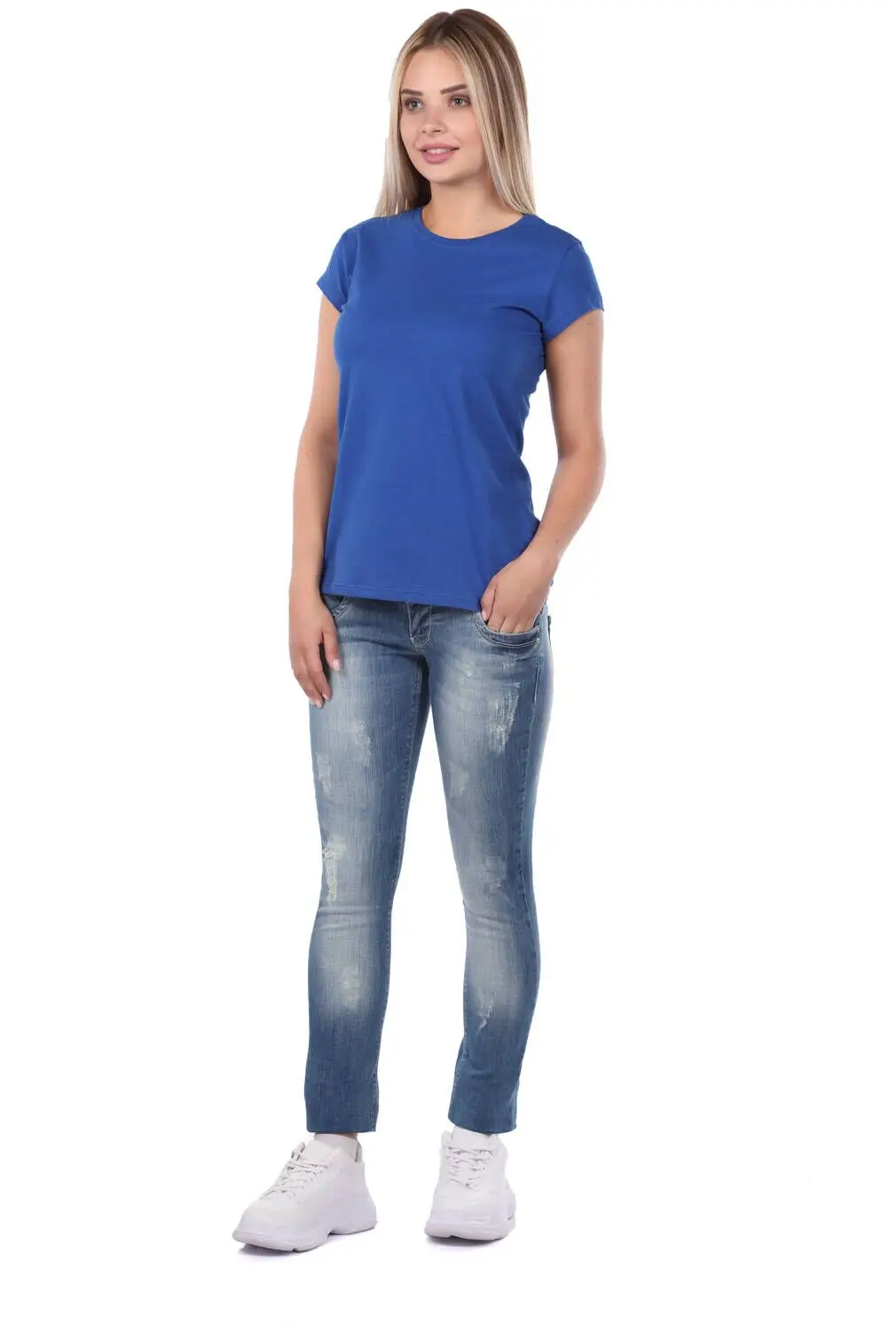 

Blue White Womens 3-Button Baggy Jean Trousers