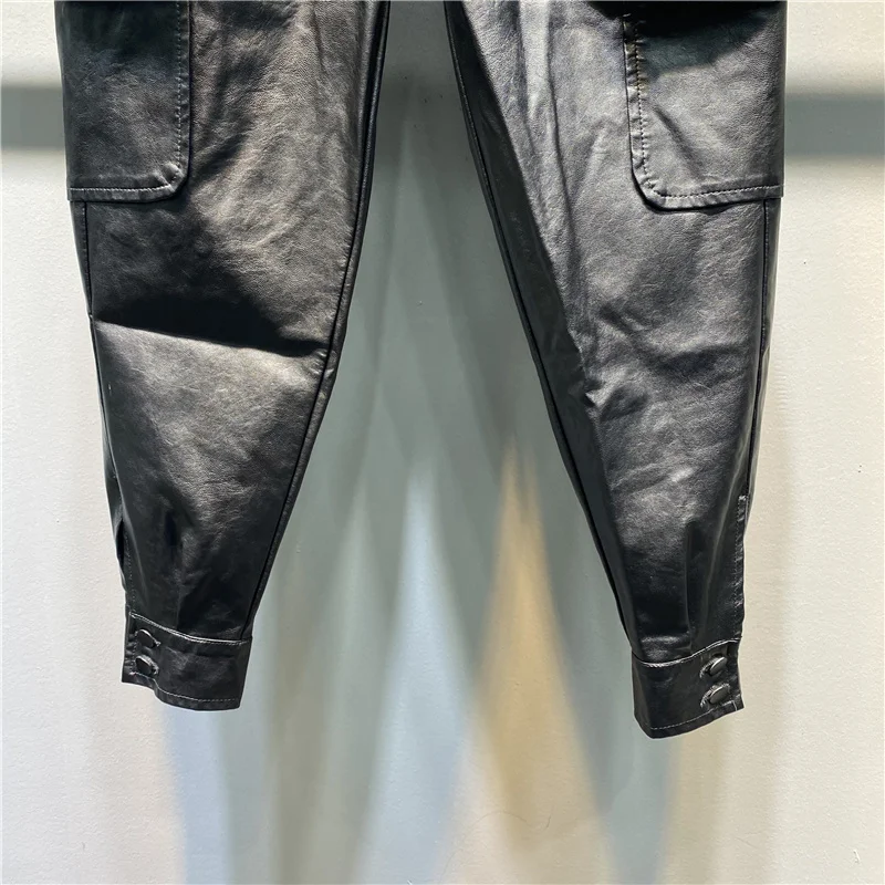 Брюки женские из искусственной кожи модные элегантные сафари с карманами