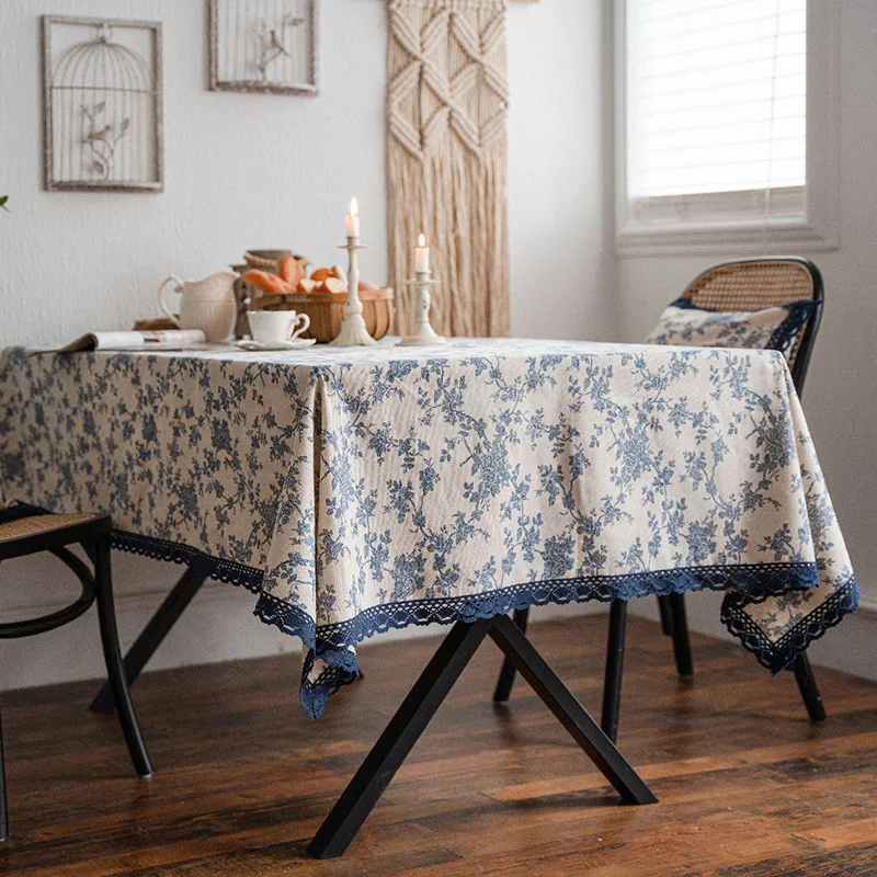 

Vintage Washed navy blue blue with flowers Table tablecloth HOME Picnic Decorative table cover various sizes