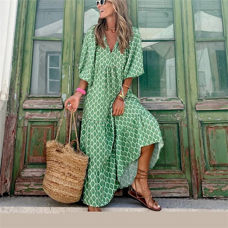 

2023 Women Puff Sleeve Dress New Summer Elegant Boho Holiday Beach Dress Vestidos Female Casual Floral Half Sleeve V-Neck Dress
