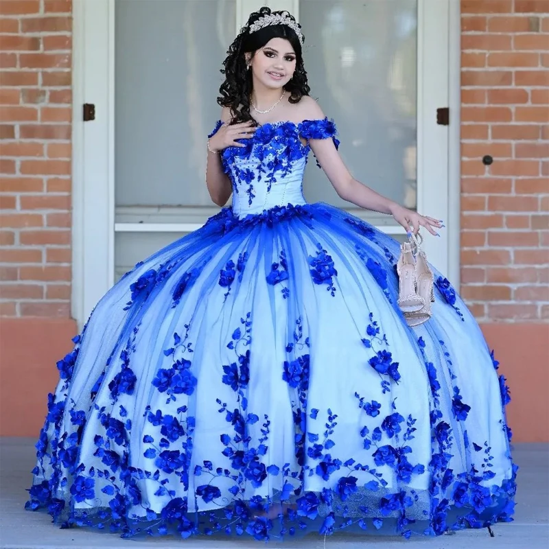 

Blue Sweetheart Quinceanera Dresses Ball Gown Off Shoulder Puffy Sweet 16 Dress 3D Rose Flowers Celebrity Party Gowns Graduation