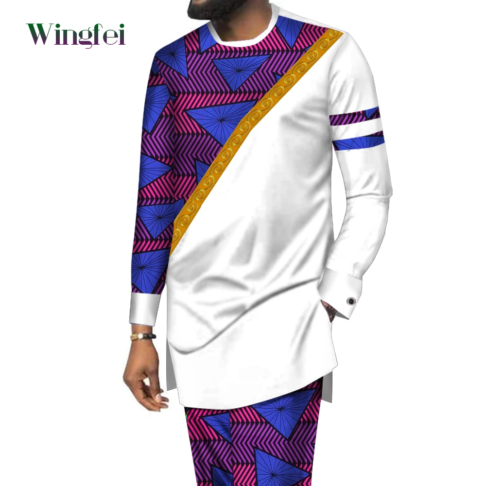 Men's Suits African Clothes 2 Pcs Set Long Sleeve O-neck Shirt and Print Pant Casual Fashion Patchwork Men Clothing WYN1496