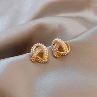 925 silver needle korean pearl earrings personality versatile temperament diamond inlaid geometric small earrings female
