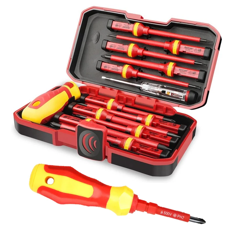 

Electrician Repair Tools Kit 1000V Changeable Insulated Screwdrivers Set with Magnetic Slotted Phillips Pozidriv Torx Bits