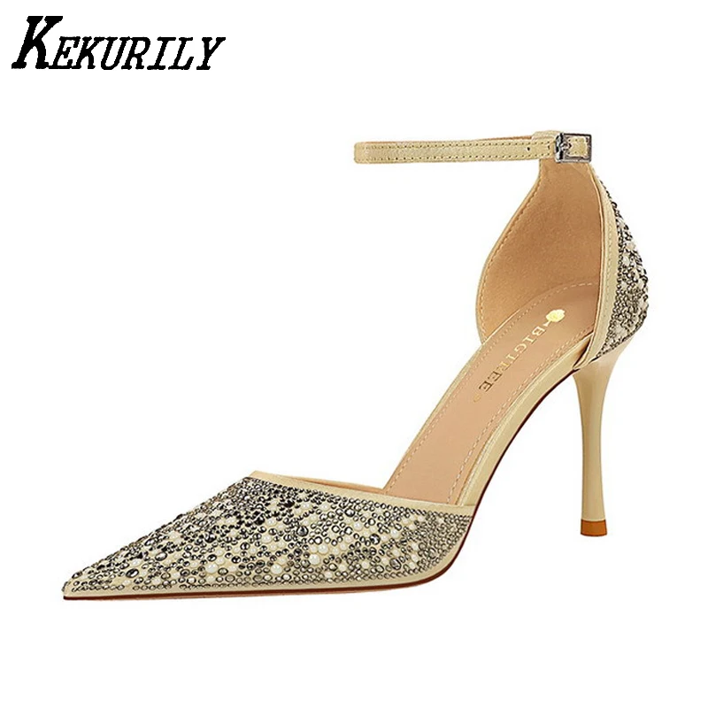 

Wedding Pumps Women Rhinestone High Heels Shoes Fashion Pointed Toe Slides Buckle Sandals Big Size Two Piece Heel Shoes Woman