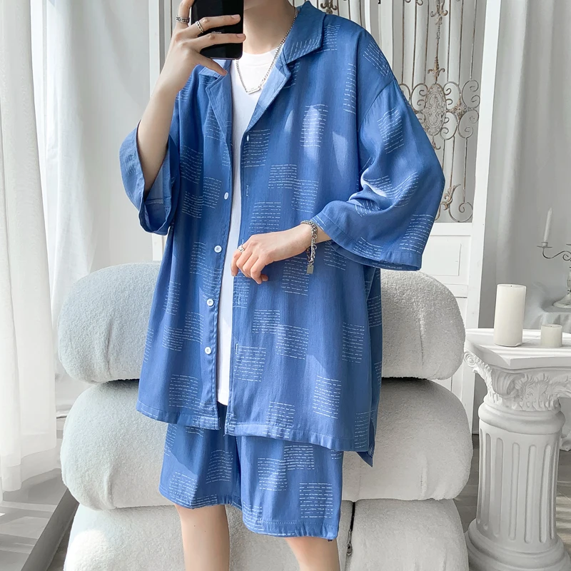 

2022 Summer Design Men's Printing Sets Thin Short Sleeve Suit Jacket Drawstring Shorts Korean Fashion Clothing Oversize Set Man