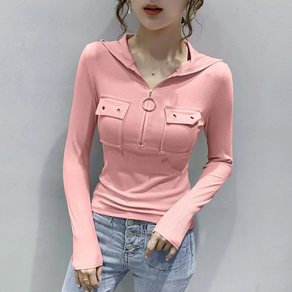 

Женская футболка с длинным рукавом, черная, розовая или серая Повседневная Толстовка с капюшоном на молнии, весна-осень 2022