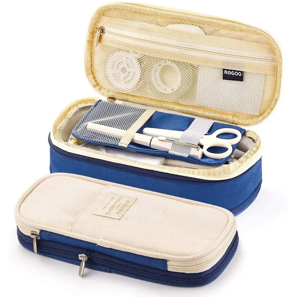 Classic Fashion Pencil Bag Canvas Contrast Color Large Capac