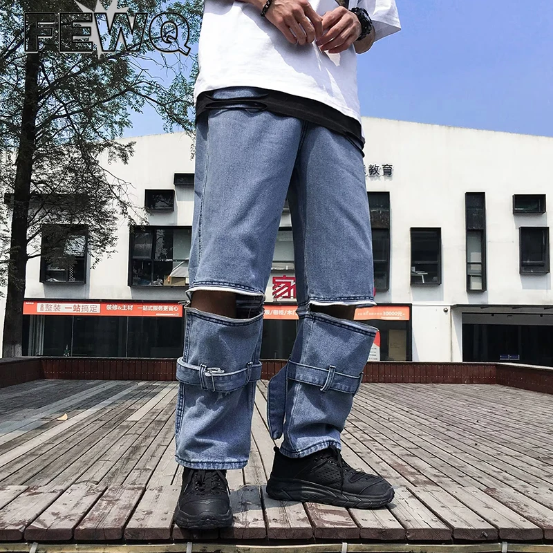 

FEWQ мужские джинсы на молнии до колена Y2k, мужские джинсовые брюки в стиле High Street, прямые брюки с шипами, винтажные стильные весенние брюки, но...