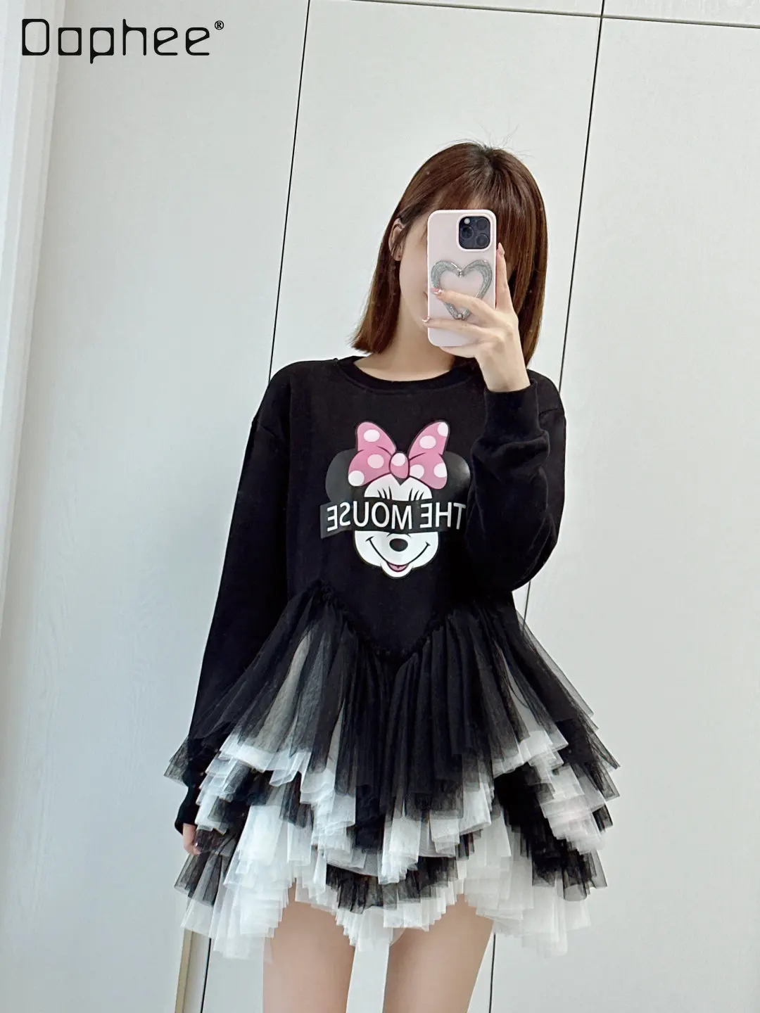 

Cartoon Print Heavy Industry Net Yarn Stitching Puffy Cake Dress Women 2023 Spring Summer Loose Long Sleeve Sweatershirt Dress