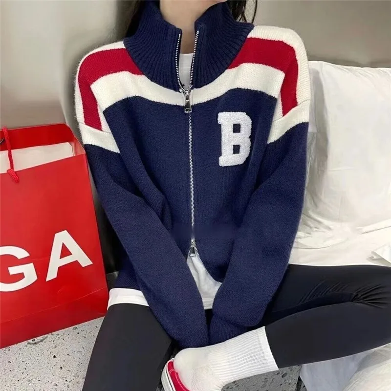 

Трикотажный кардиган с двойной молнией, бейсбольная кофта, Женское пальто