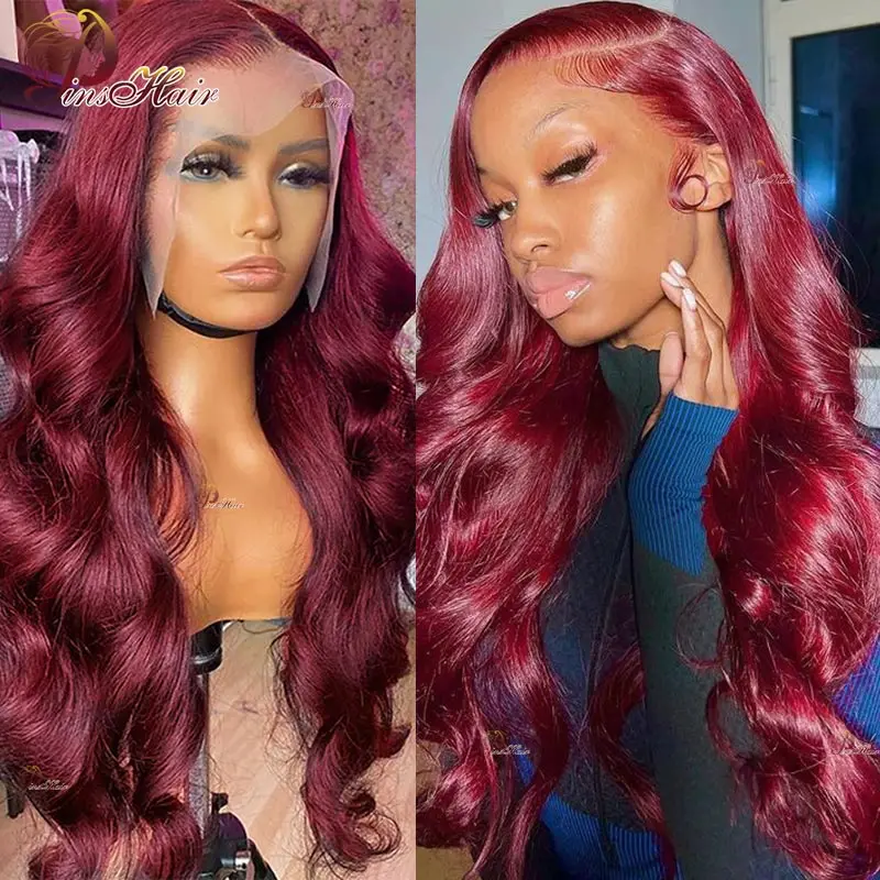 99J Cherry Red 13x4 Lace Front Human Hair Wigs Pre-Plucked Burgundy Body Wave Transparent Lace Front Wig Remy Human Hair Wig 180