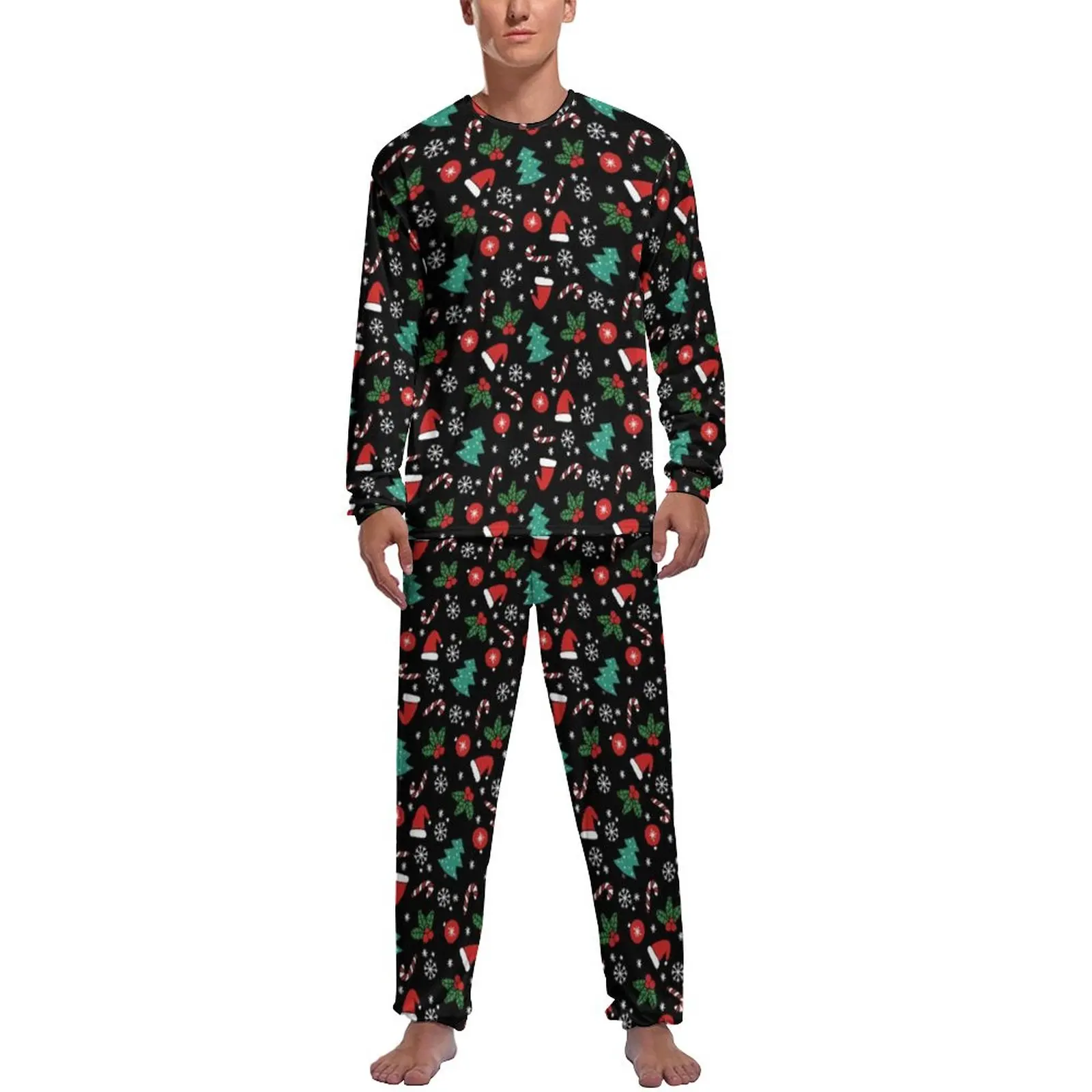 Christmas Print Pajamas Long-Sleeve Snowflake And Tree 2 Pieces Bedroom Pajama Sets Autumn Man Printed Retro Sleepwear