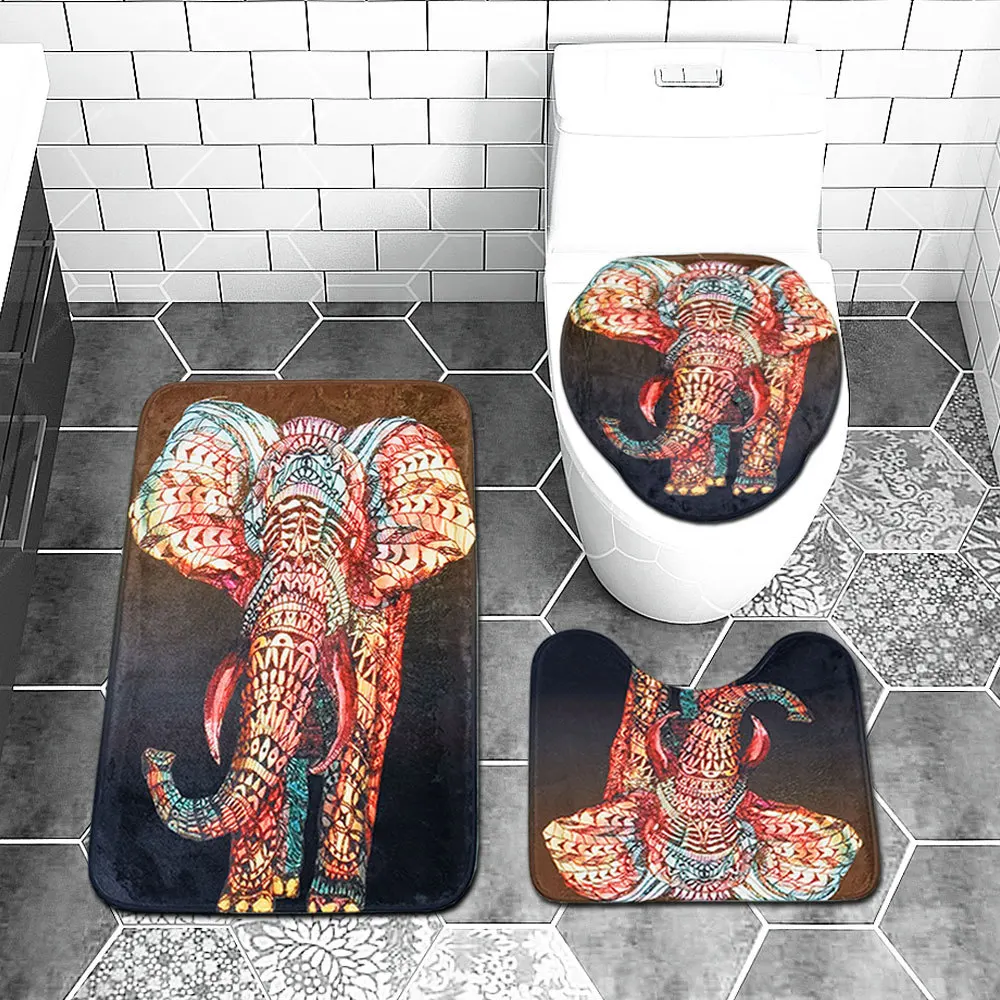 

3pcs Bathroom Mat Set 3D Elephant Printed Bath Mat Non-slip Bathroom Carpet Flannel Toilet Mats Bath Rugs Sets