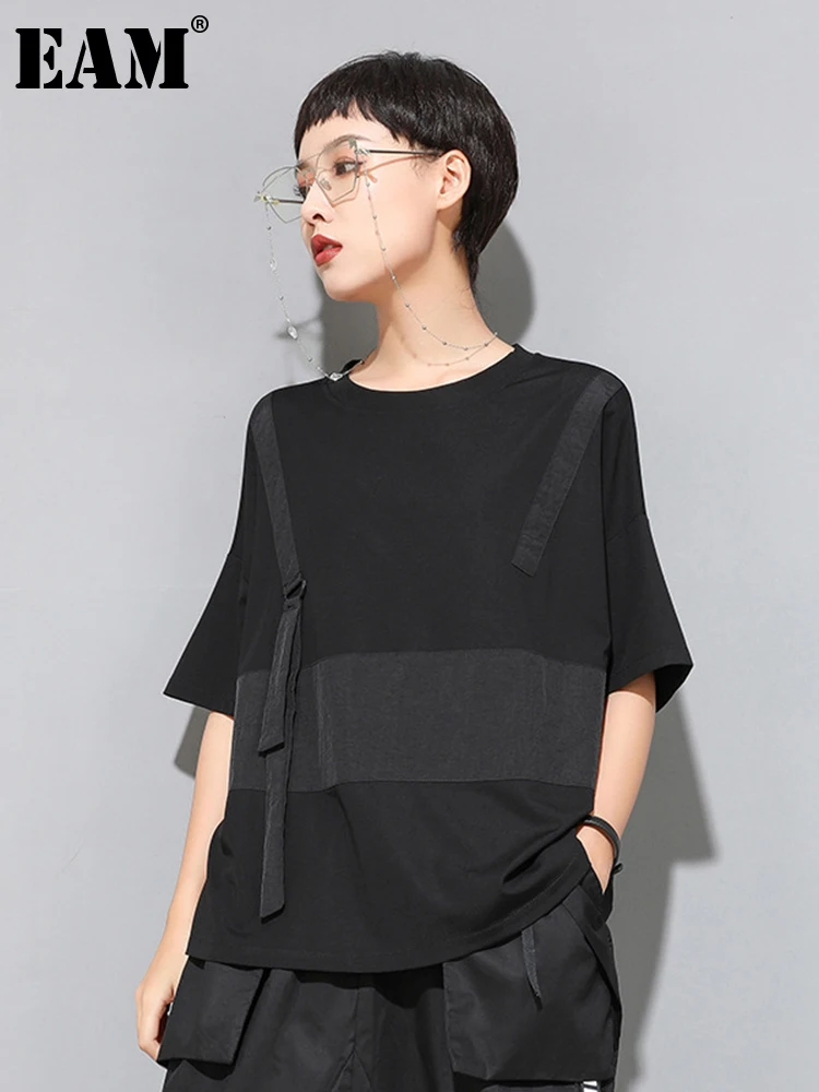 

[EAM] Women Black Color-block Ribbon Big Size Casual T-shirt New Round Neck Short Sleeve Fashion Tide Spring Summer 2023 1DE9322