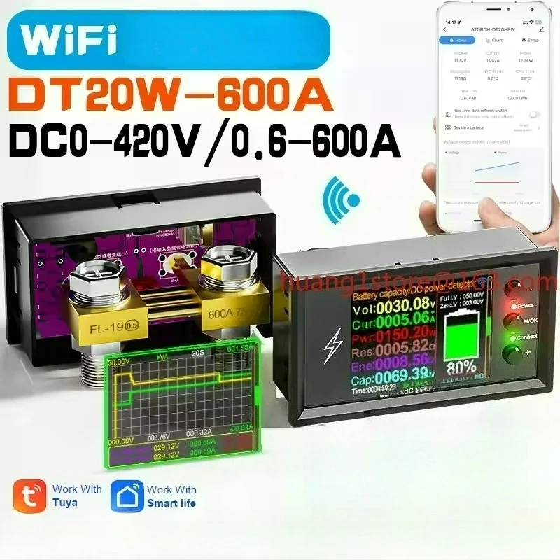 Фото DT20 ATORCH 0-420 Вольт Tuya WiFi Интеллектуальный тестер обнаружения емкости литиевой батареи Цифровой дисплей постоянного тока Напряжение Кулон №2