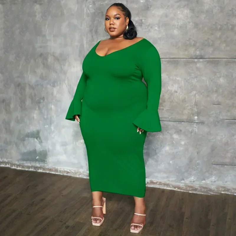 KEXU Плюс Размер Женские облегающие платья миди макси с длинными рукавами для 2024