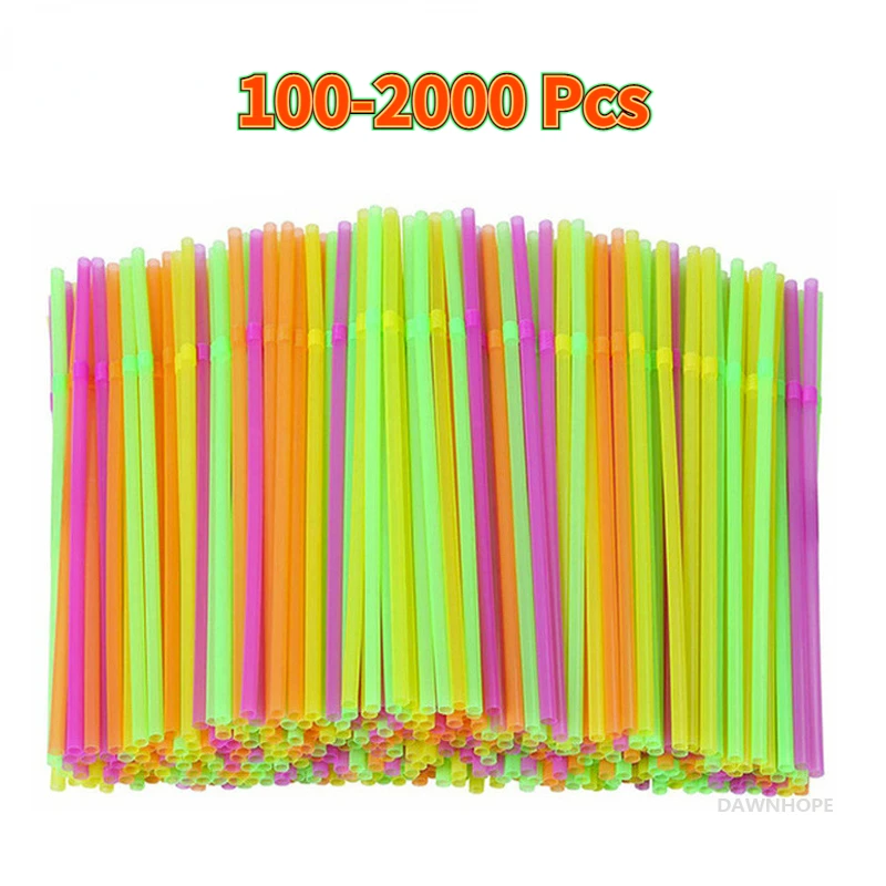 

100-2000 Pcs Party Plastic Straws Fluorescence/Black/Transparent For Kitchen Bar Wedding Beverage Stripe Disposable Drink Straw