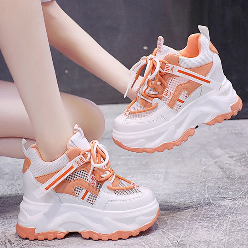 

Breathable Mesh Platform Sneakers Women 2022 Autumn Mix Color Hidden Heels Sneaker Woman Lace-up Thick Bottom Vulcanize Shoes