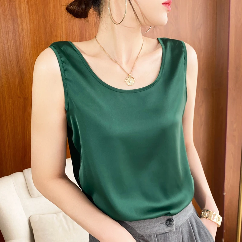 New Summer Silk Ladies Suspenders V-neck Vest Mulberry Silk Loose Solid Color T-shirt y2k Sleeveless Sexy Satin Top Outer Wear