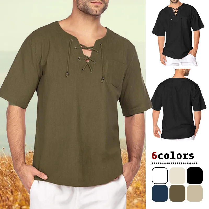 Men Cotton Linen Short Sleeve T-shirt Casual Loose V Neck Lace Up Tops Tee Shirt Men's Casual Blouse Streetwear