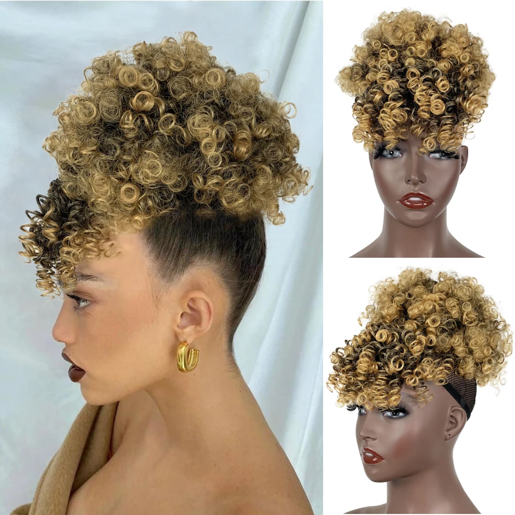 

Afro Puff Drawstring Ponytail with Bangs for Black Women Afro Kinky Curly Pineapple Updo Hair High Bun Hairpiece