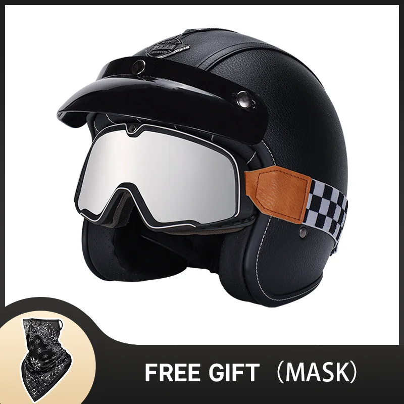 Мотоциклетный шлем из ПУ кожи с открытым лицом в винтажном стиле матовой черной