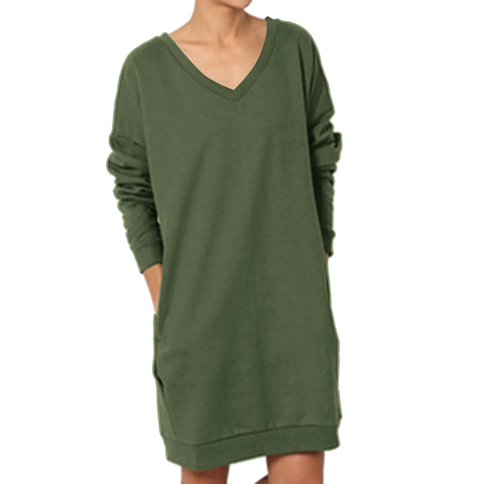 

Vintage Casual Knee-Length Dress Women Long Sleeve V Neck Pullover T-Shirt Dresses Solid Color Loose Autumn Spring Casual Dress