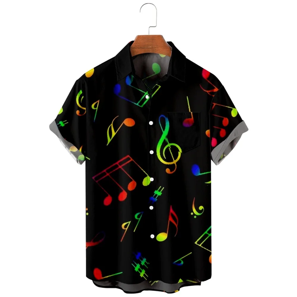 

2022 Fashion Casual Hawaiian Beach Shirt, Colorful Music Symbol Vintage Print, Summer Pocket Shirt for Men and Women