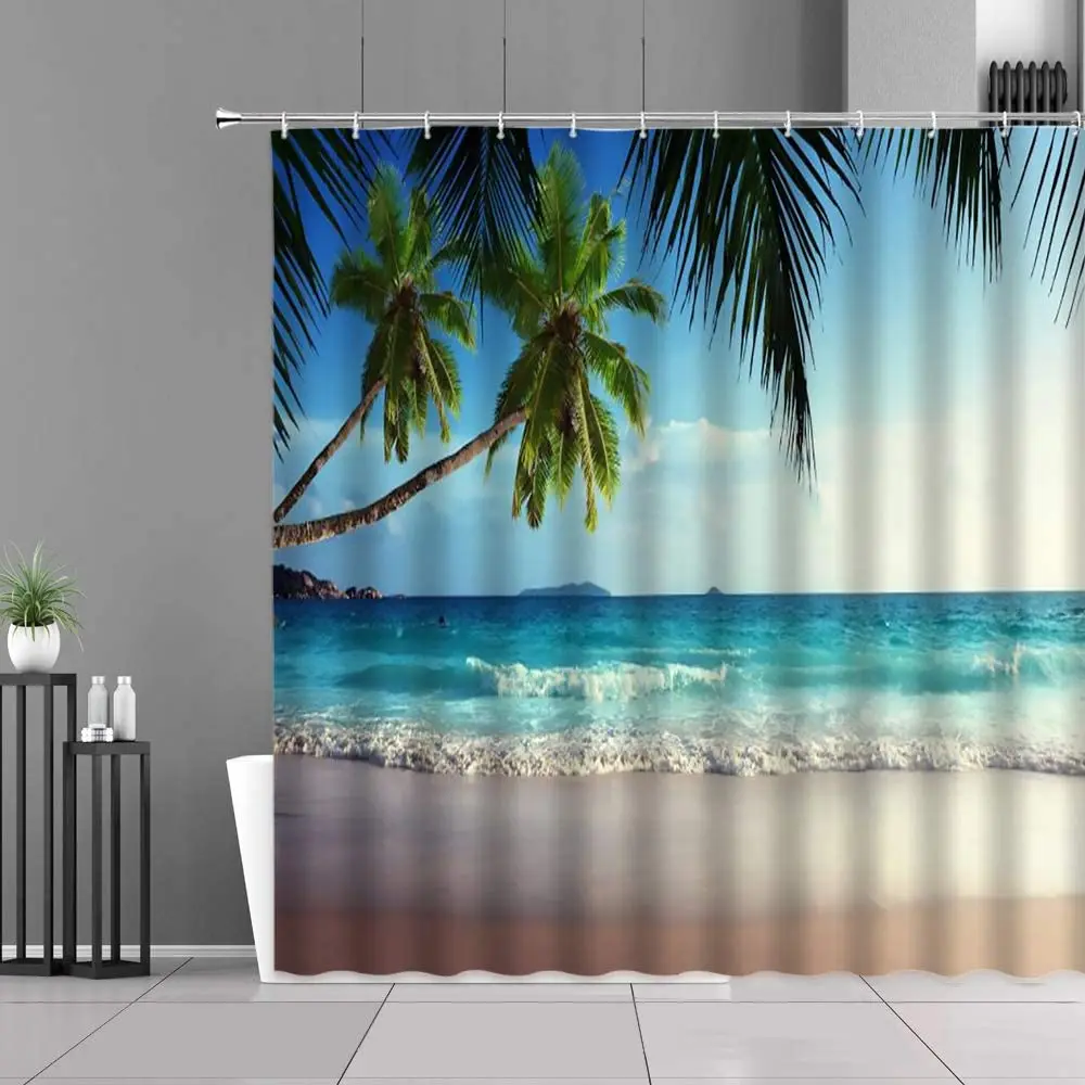resort scenery shower curtains ocean tropical plants trees swimming pool 3d printed waterproof fabric bathroom decor curtain set free global shipping