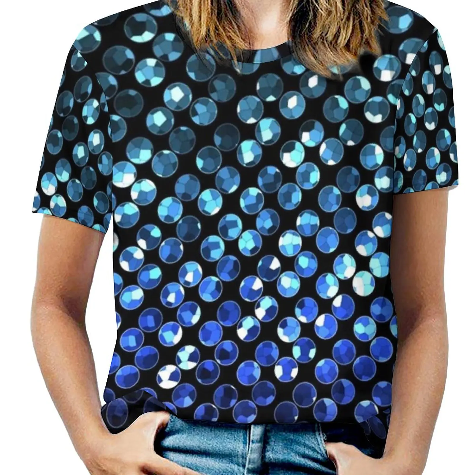 

Graphic Blue Crystal Strass Fashion Print Women Ladies Girls T-Shirt Harajuku Round Neck Short Sleeve Tops & Tees Strass