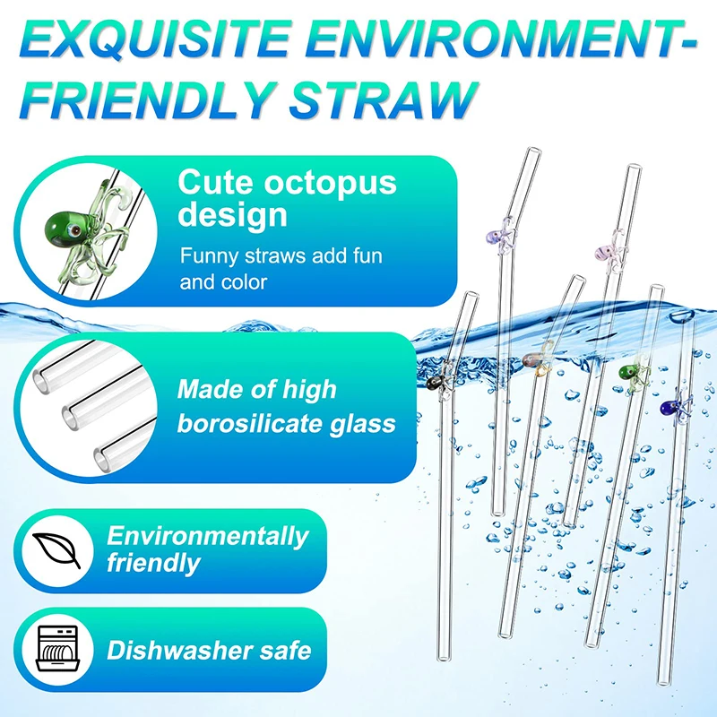 

High Borosilicate Octopus Mermaid Tail Glass Drinking Straws Reusable Bar Tool for Coffee Mug Tea Beer Cocktail Smoothie Party