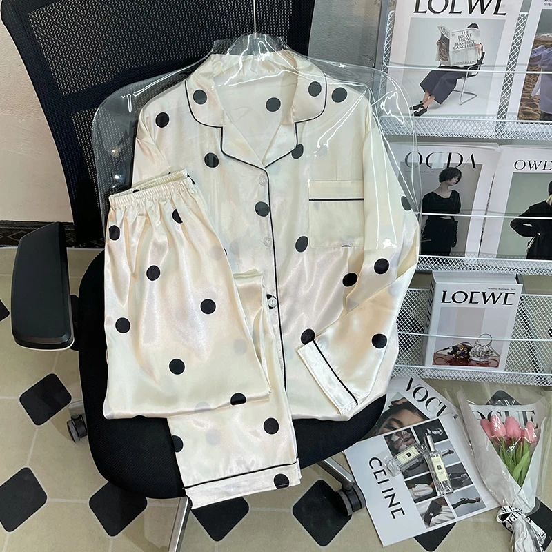 CAIYIER Pink Grid Women's Pajamas Set Ice Silk Satin Thin Sleepwear Ladies Autumn Winter Luxury Cardigan Outside Home Clothing