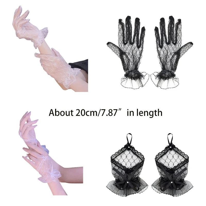 

652F Elegant Ladies Short Lace Gloves Sheer Fish Net Black White Prom Party Gloves Female's Fashionable Lolita Mittens