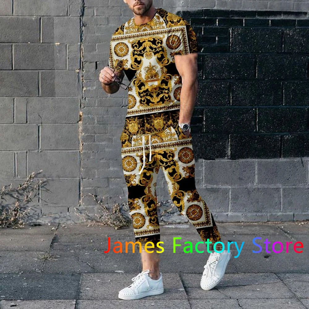 Men's Trousers Set Luxury Gold Print TShirt Outfit Set Fashion Tracksuit 2 Piece Set Casual Jogging Suit Male Oversized Clothing