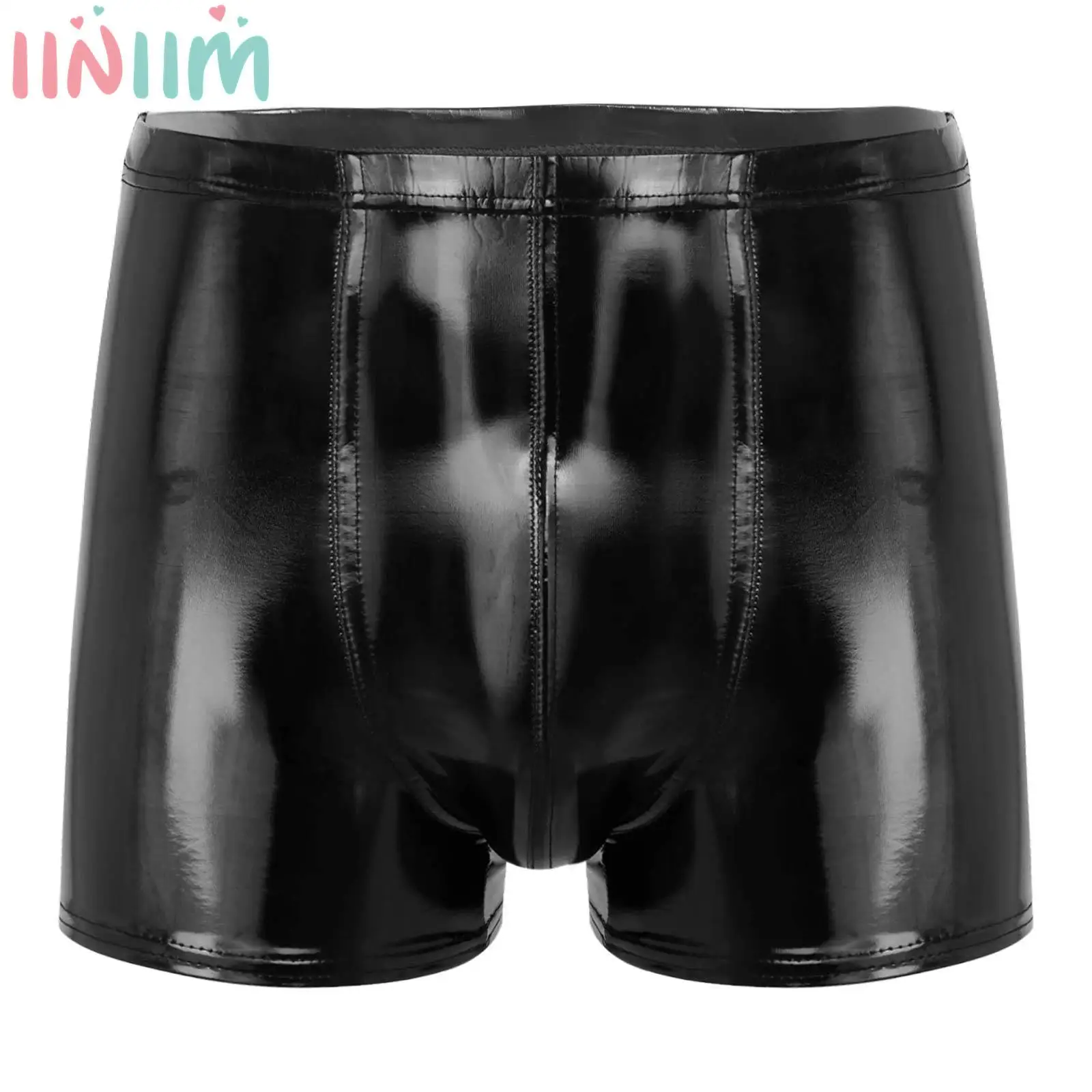 

Mens Wet Look Patent Leather Shorts Swimwear Bulge Pouch Boxer Briefs Elastic Waistband Trunks Party Skinny Hot Pants Clubwear