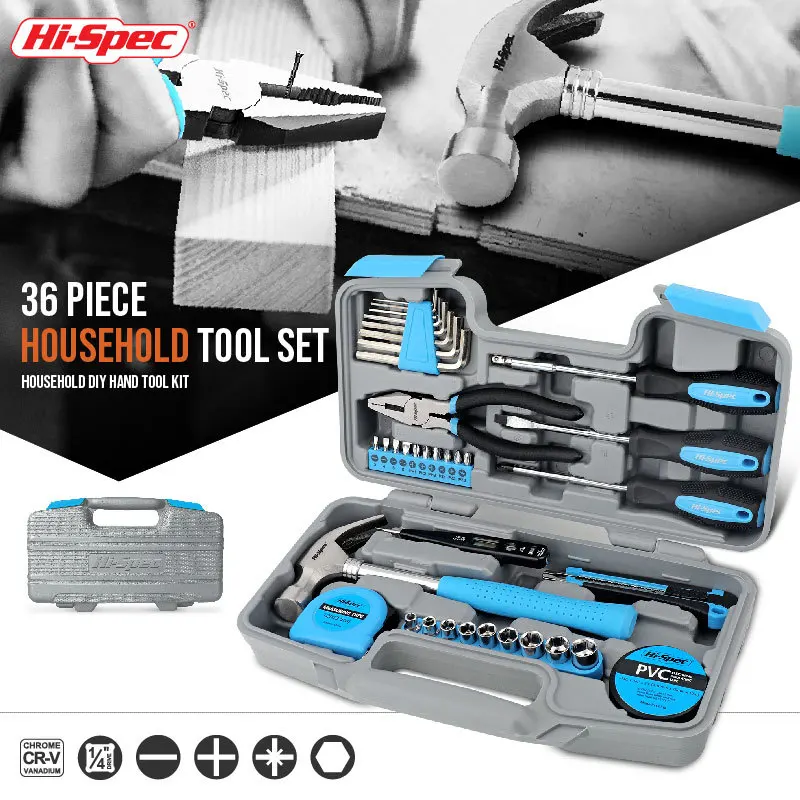 Hi-Spec Hand Tool Sets Household Tool Kits Set of Hand Tools for Daily DIY Use 1/4 Sockets Screwdriver Set Wrench Knife Pliers