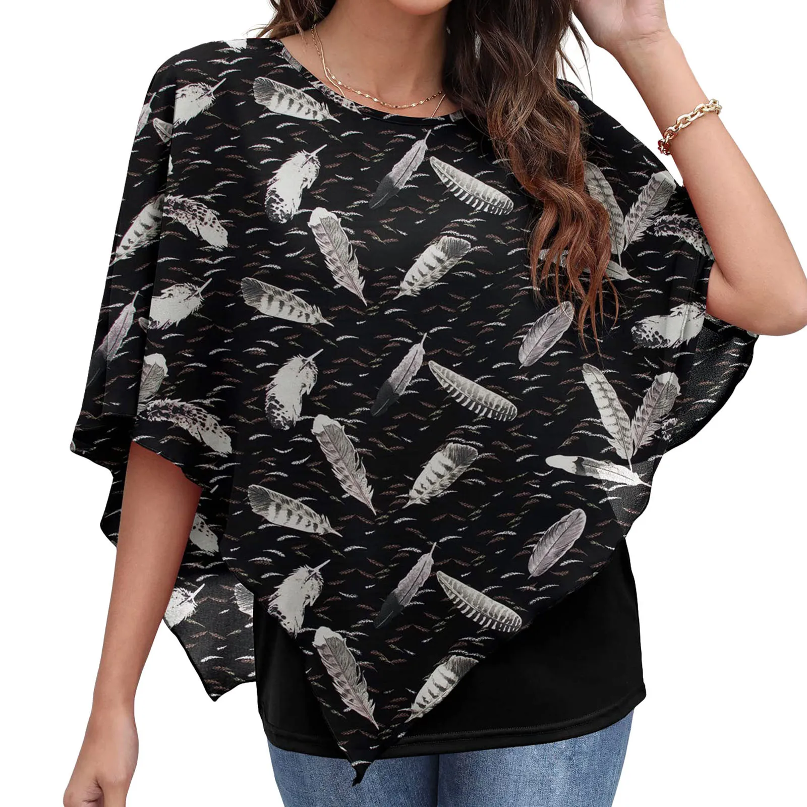 

Women Lightweight Flowy Shirt Double Layered Printed Chiffon Poncho Blouse Top Womens Button down Satin Blouse