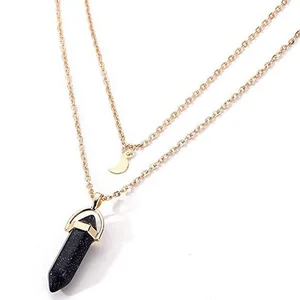 Natural Stone Blue Sandstone Pointed Hexagonal Pendant Layered Crystal Moon Necklace Gold Chain Choker Jewelry for women Girl