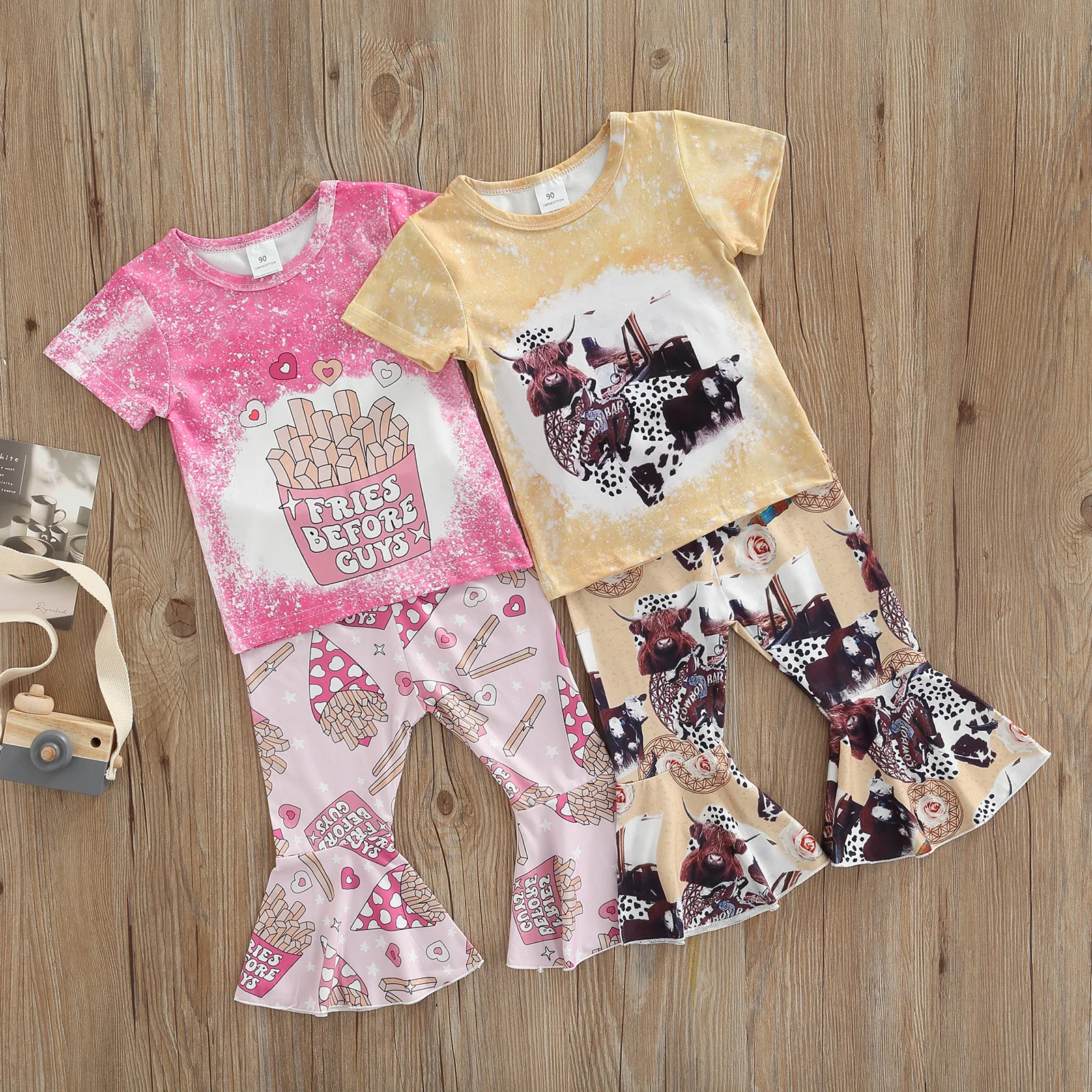 

Girls Summer Suit Pink Fries Printing Round Neck T-shirt and Bell Bottom Pants