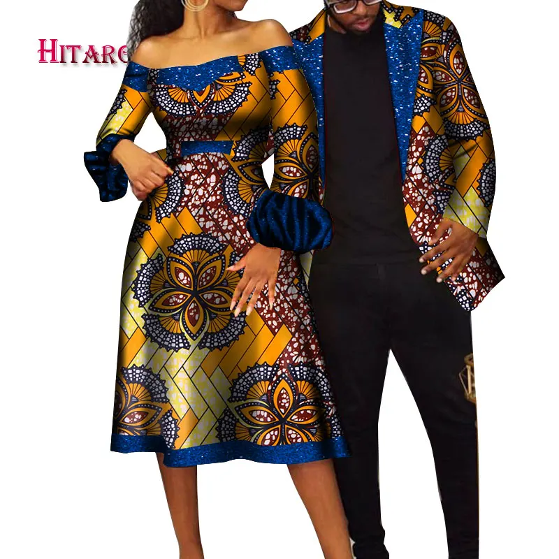 

African Clothes for Couple Dashiki Lovers Strapless Off Shoulder Short Dress and Men Suit Coat 2 Pieces Bazin Riche WYQ480