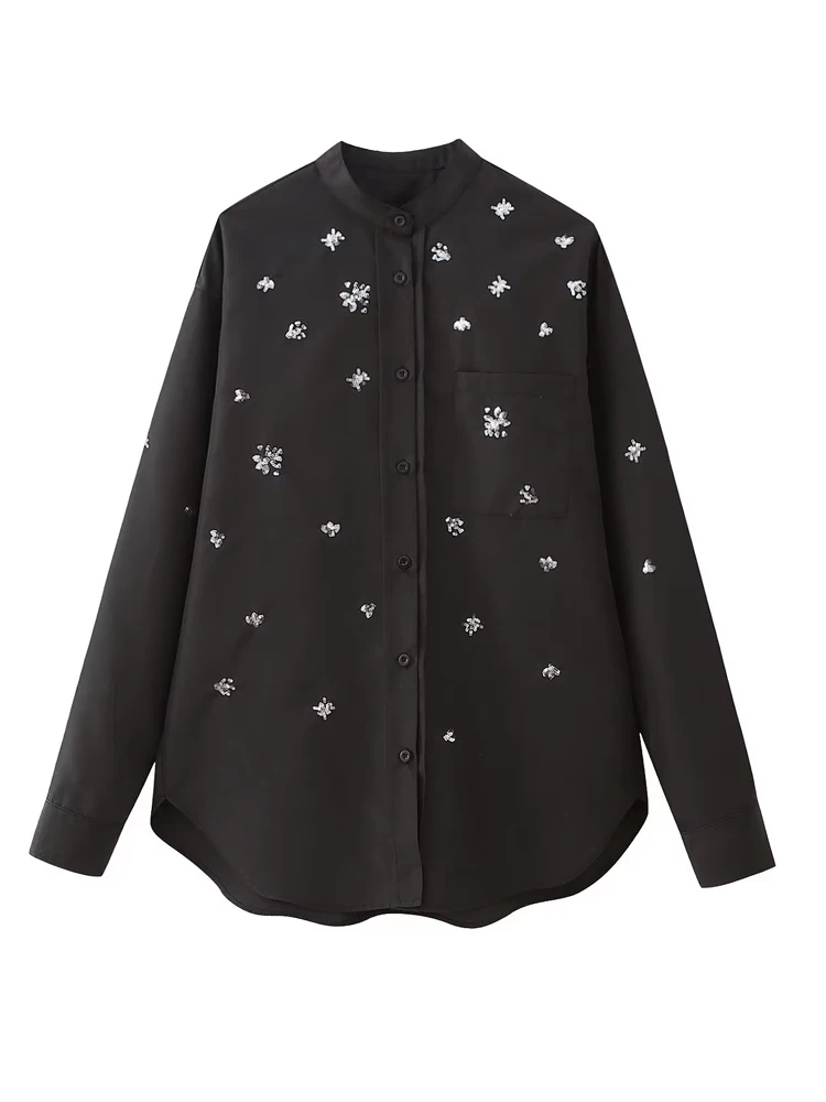 Блузка женская оверсайз с длинным рукавом блестками и бисером